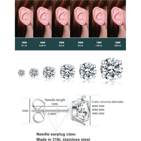 6 Pairs Stud Earrings Set, Hypoallergenic Cubic Zirconia 316L Earrings Stainless - Picture 5 of 7
